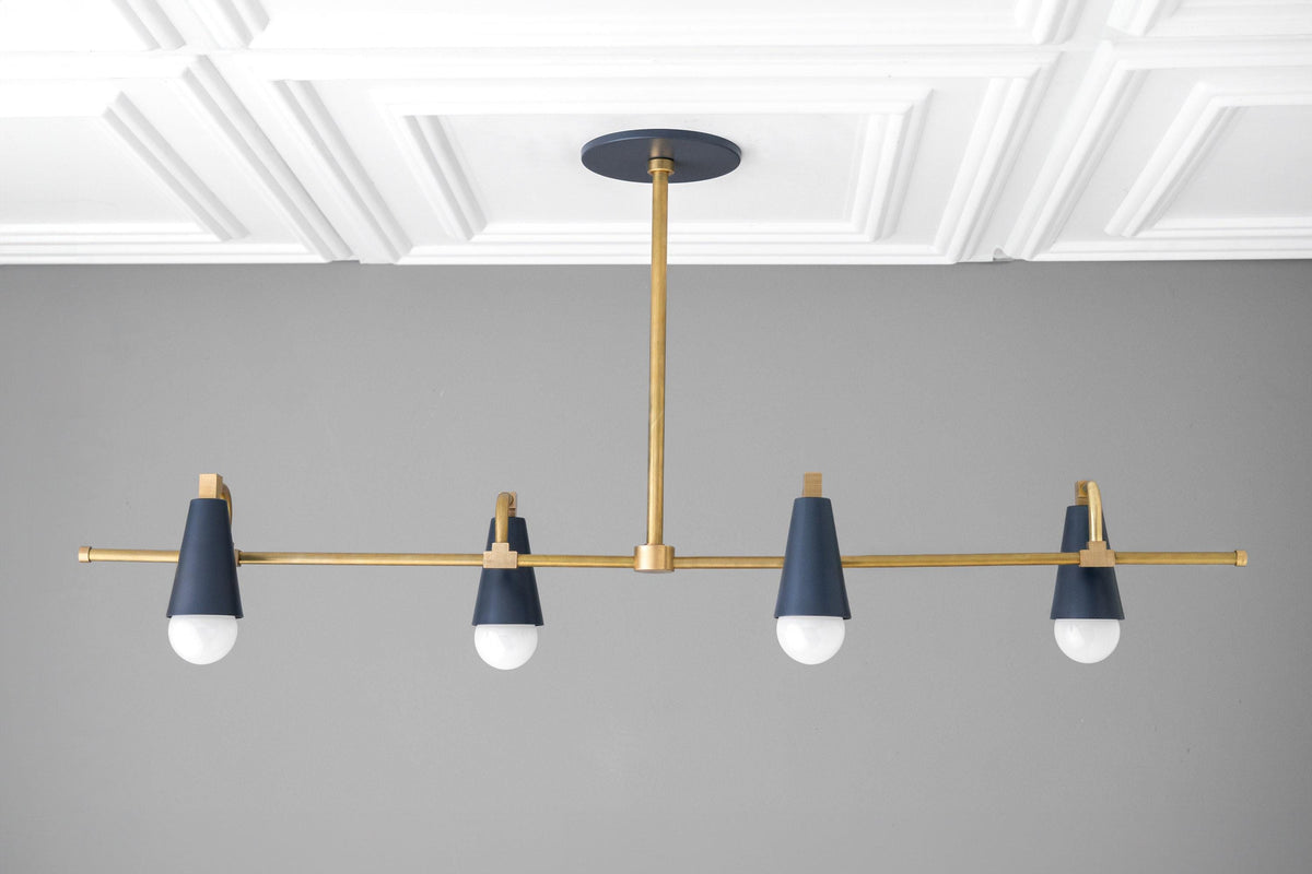 Art Deco chandelier with raw brass frame and coal blue tapered bare bulb sockets, 4-light design. - CHANDELIER MODEL NO. 1239