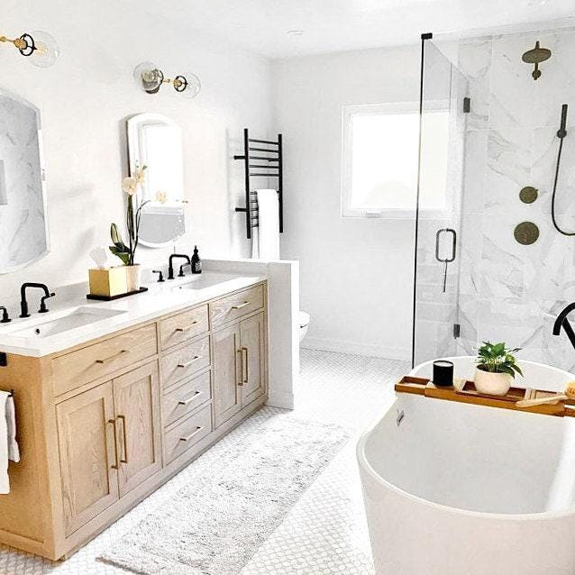 Mid-century modern black brass vanity light with two globe bulbs above bathroom mirror. - VANITY LIGHT MODEL NO. 7350