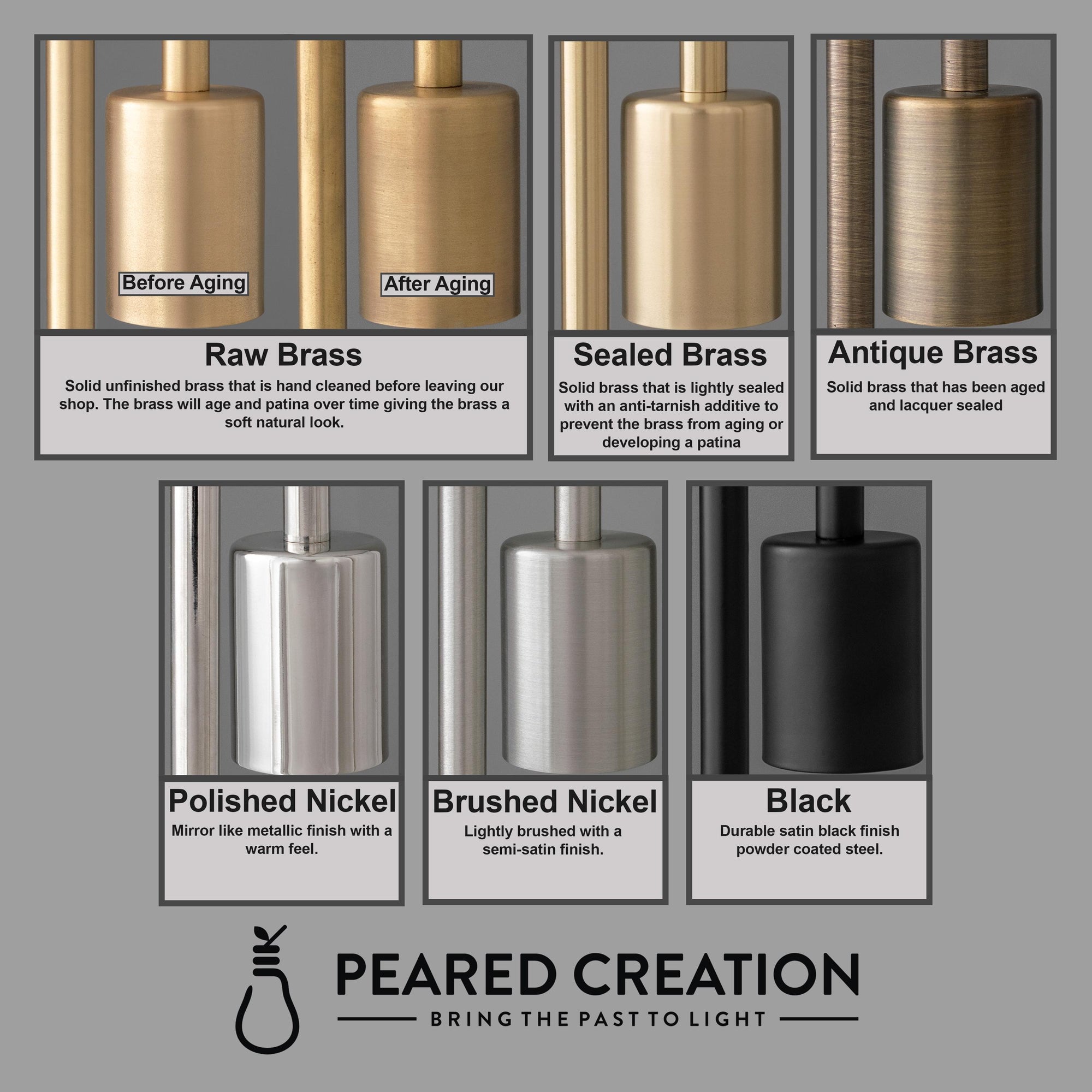 Seven metal vanity light fixtures in Raw Brass, Sealed Brass, Antique Brass, Polished Nickel, Brushed Nickel, Black, and. - VANITY LIGHT MODEL NO. 4270