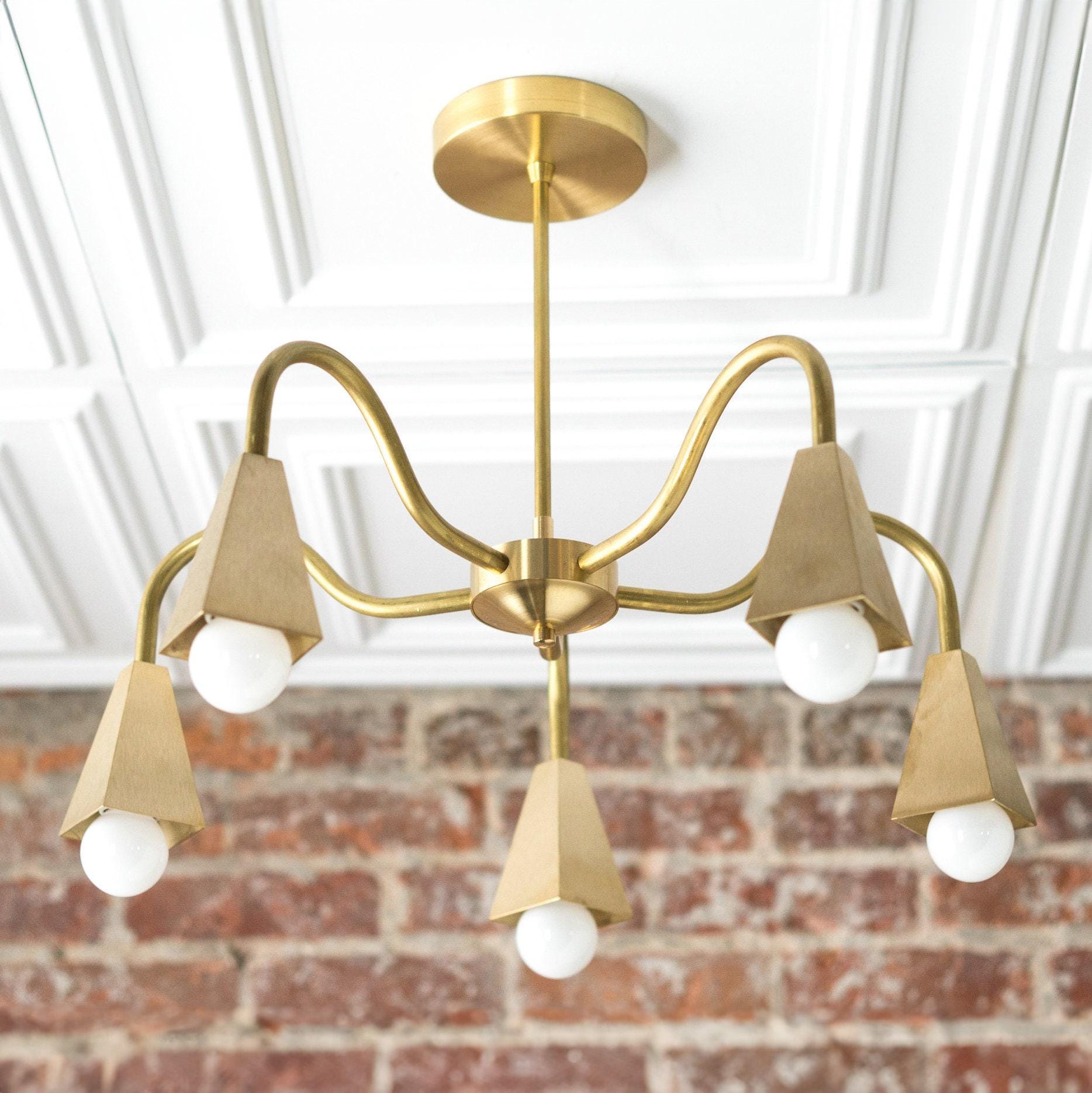 Mid-century modern raw brass chandelier with five curved arms and exposed round bulbs. - CHANDELIER MODEL NO. 2464