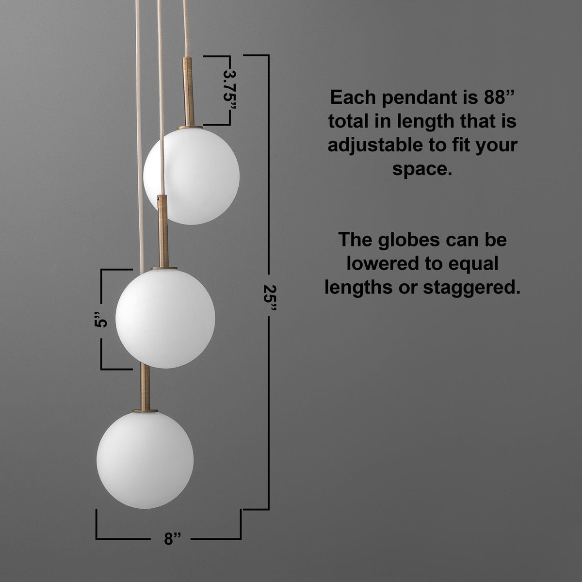 Modern chandelier with three white glass globes suspended at staggered heights on antique brass rods. - CHANDELIER MODEL NO. 4701