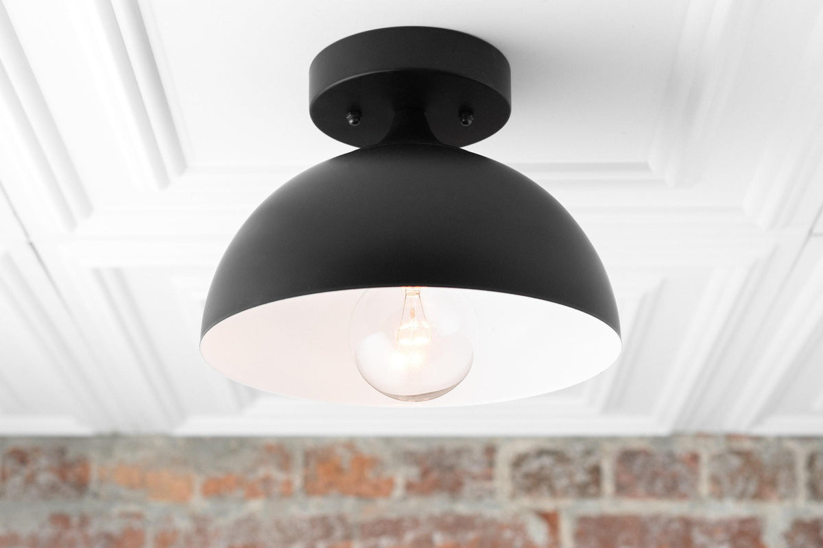 Black semi-flush ceiling light with smooth dome shade and visible bulb in mid-century modern style. - CEILING LIGHT MODEL NO. 8510