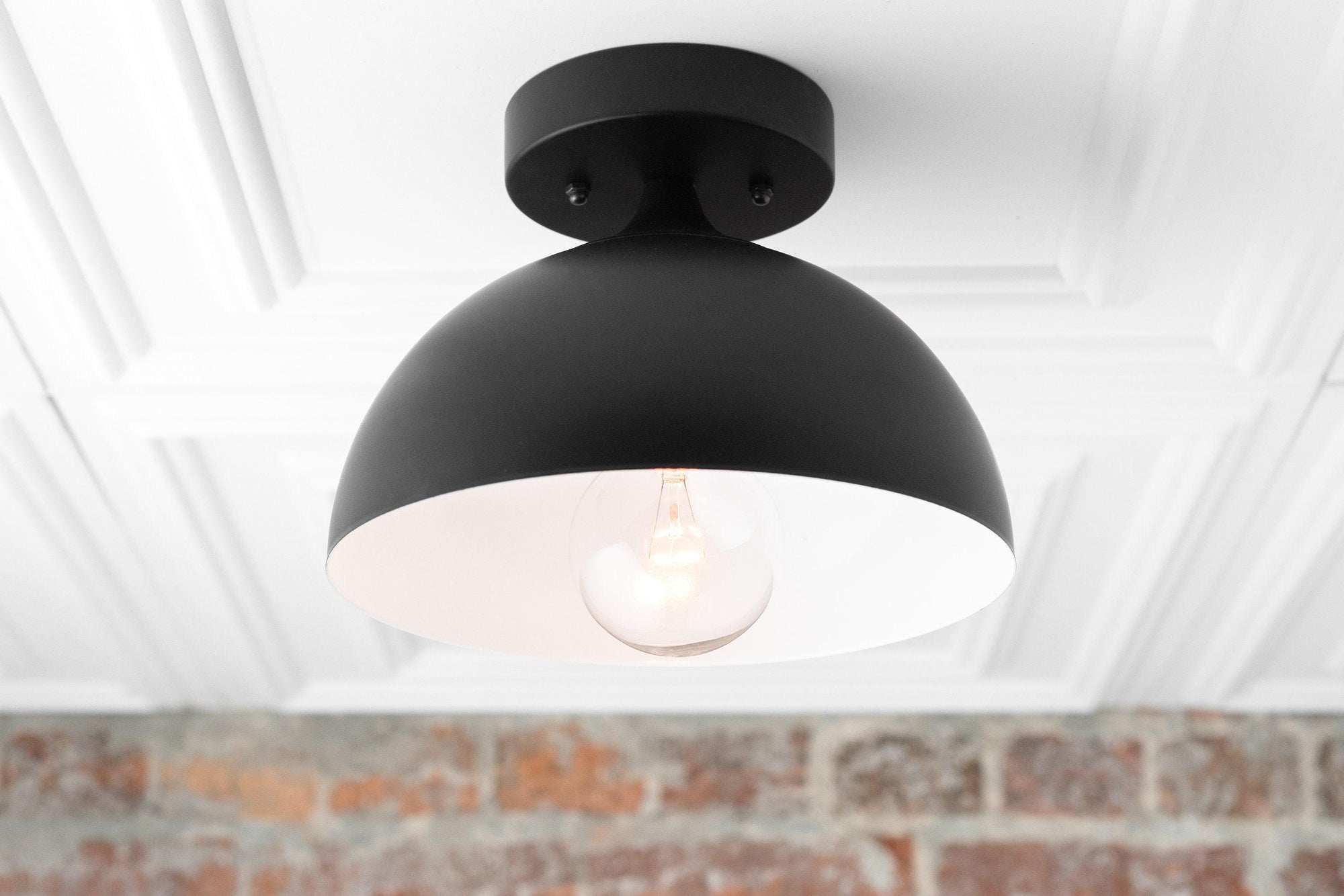 Black semi-flush ceiling light with smooth dome shade and visible bulb in mid-century modern style. - CEILING LIGHT MODEL NO. 8510