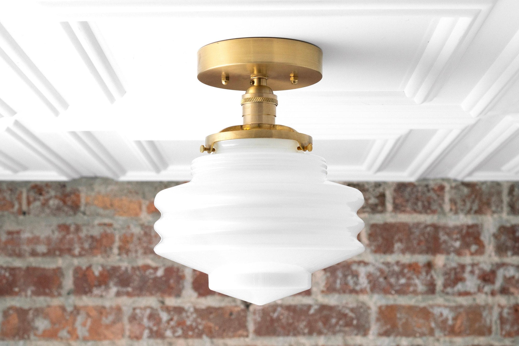 Mid-century modern semi-flush ceiling light with tiered white globe and raw brass finish mount. - CEILING LIGHT MODEL NO. 8295