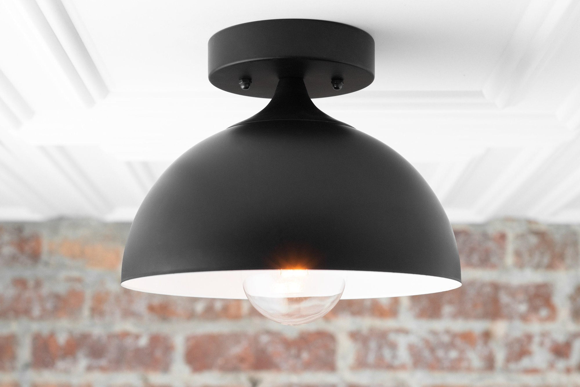 Matte black semi-flush dome ceiling light with exposed bulb and white interior lining. - CEILING LIGHT MODEL NO. 8510