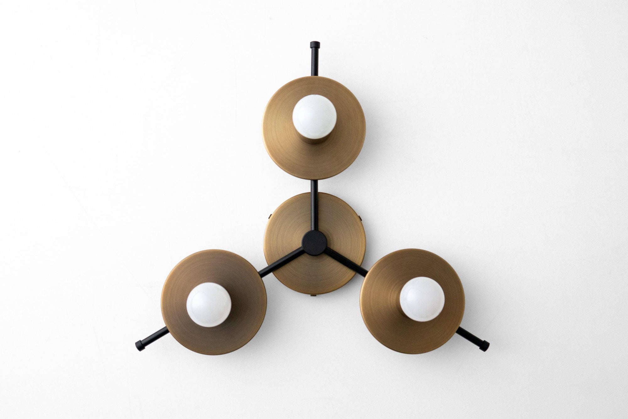 Mid-century modern chandelier with three bare bulbs and antique brass finish flush mount. - CHANDELIER MODEL NO. 9526