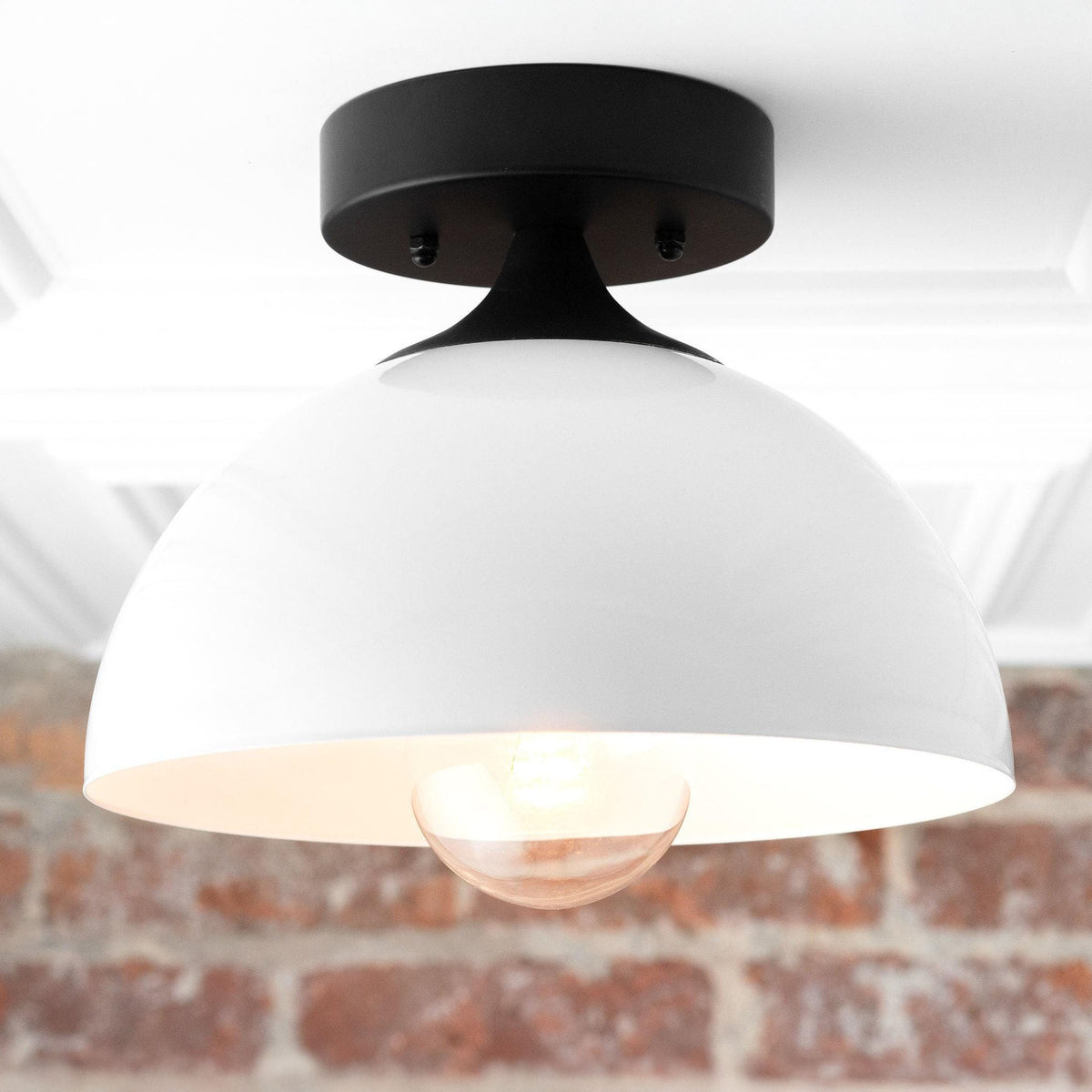 Mid-century modern semi-flush ceiling light with matte black fixture and white dome shade exposing a bare bulb. - CEILING LIGHT MODEL NO. 8510
