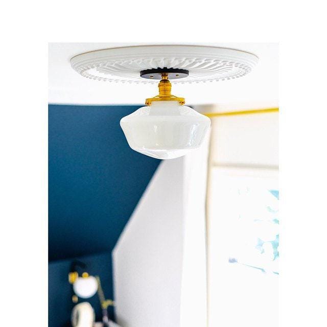 Mid-century modern semi-flush ceiling light with white globe shade and sealed brass accents. - CEILING LIGHT MODEL NO. 5754