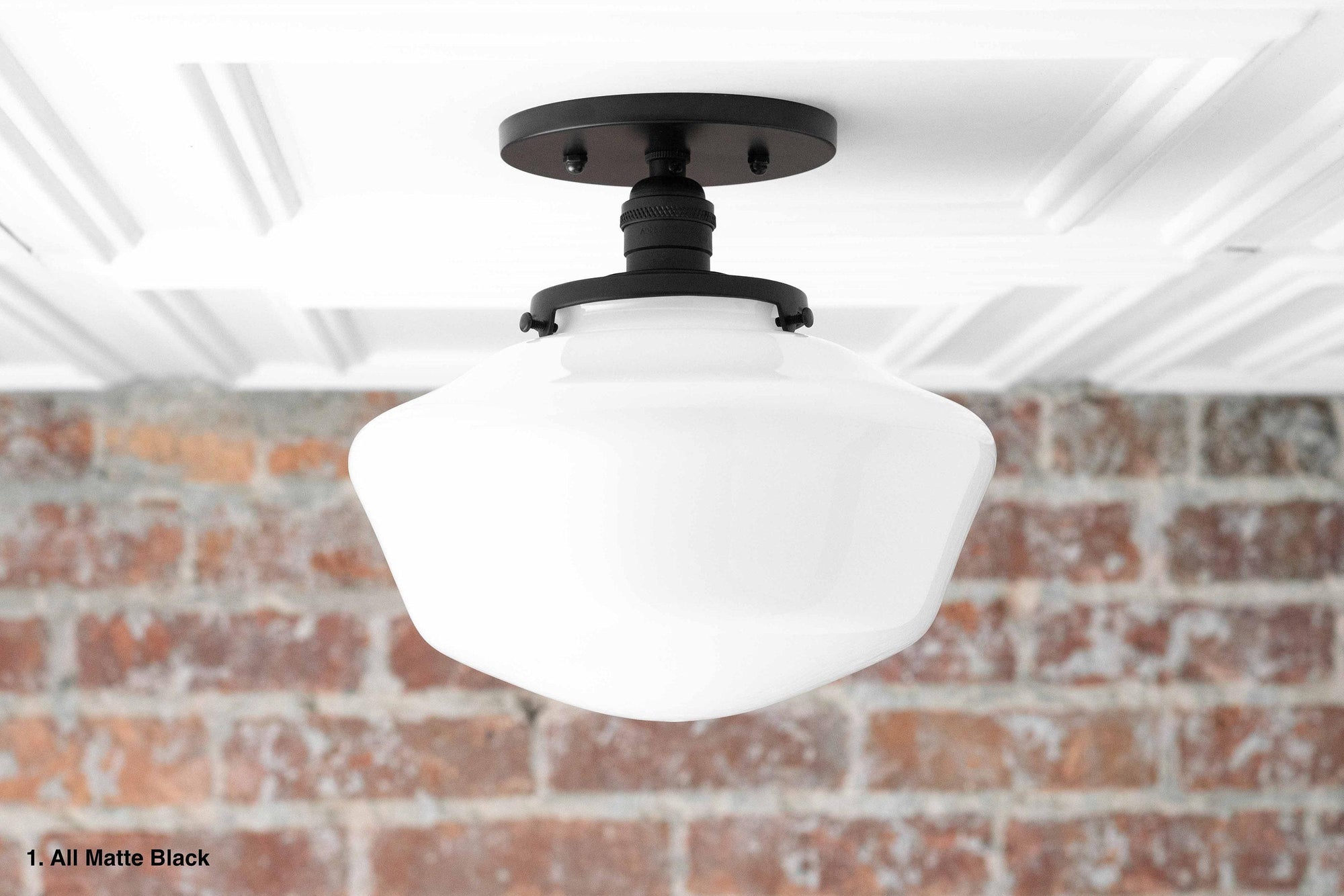 Semi-flush ceiling light with white globe and matte black metal fixture in mid-century modern style. - CEILING LIGHT MODEL NO. 5754