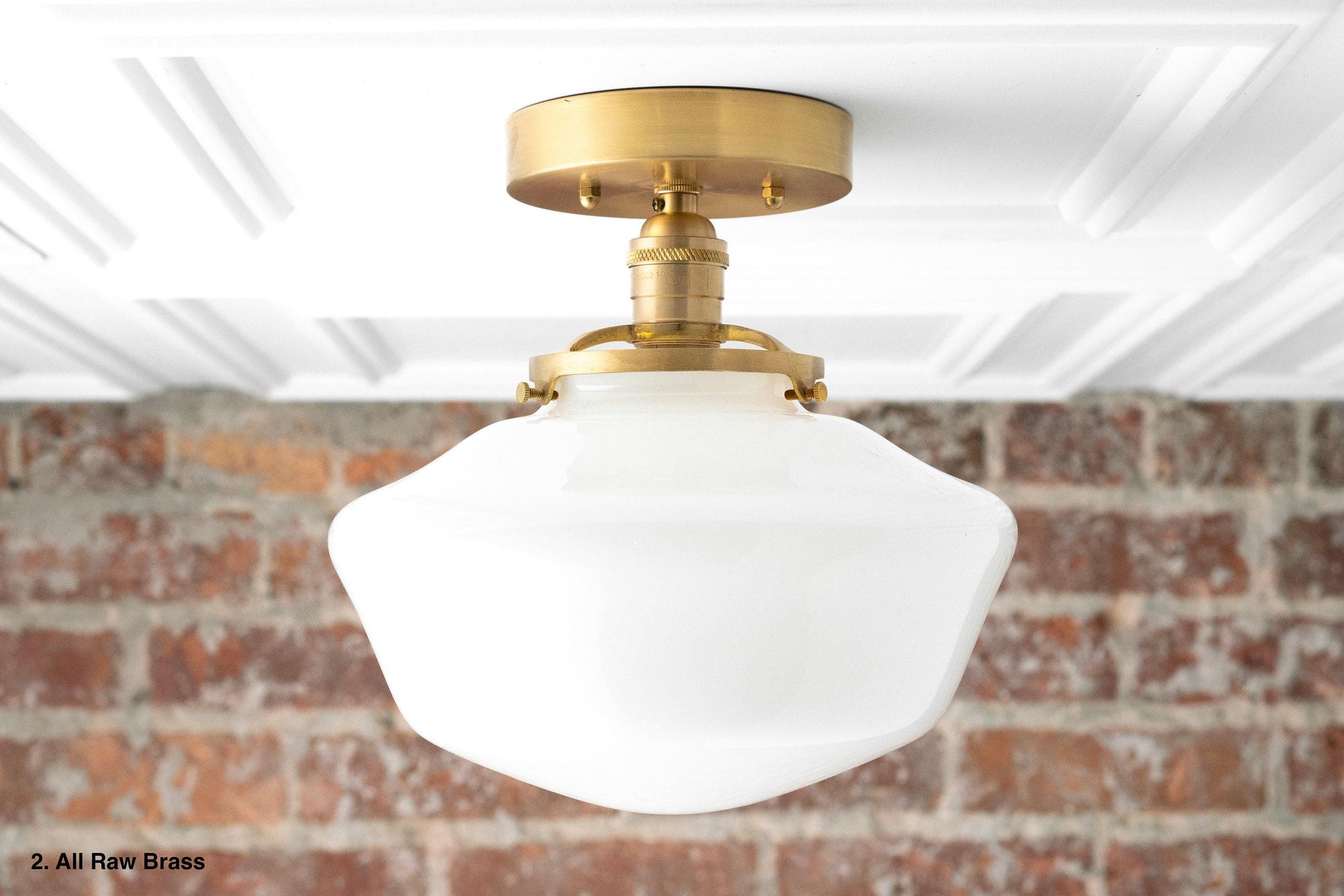 Mid-century modern semi-flush ceiling light with opaque white globe and sealed brass fixture. - CEILING LIGHT MODEL NO. 5754