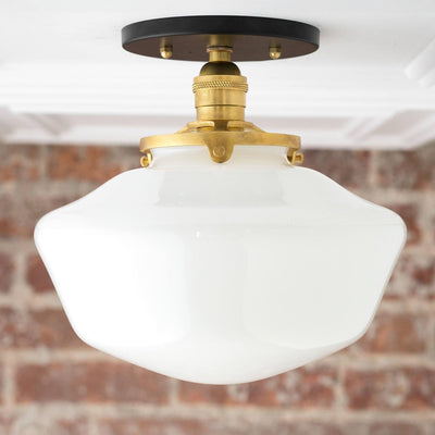 Semi-flush ceiling light with white glass globe and sealed brass fixture on black mount. - CEILING LIGHT MODEL NO. 5754