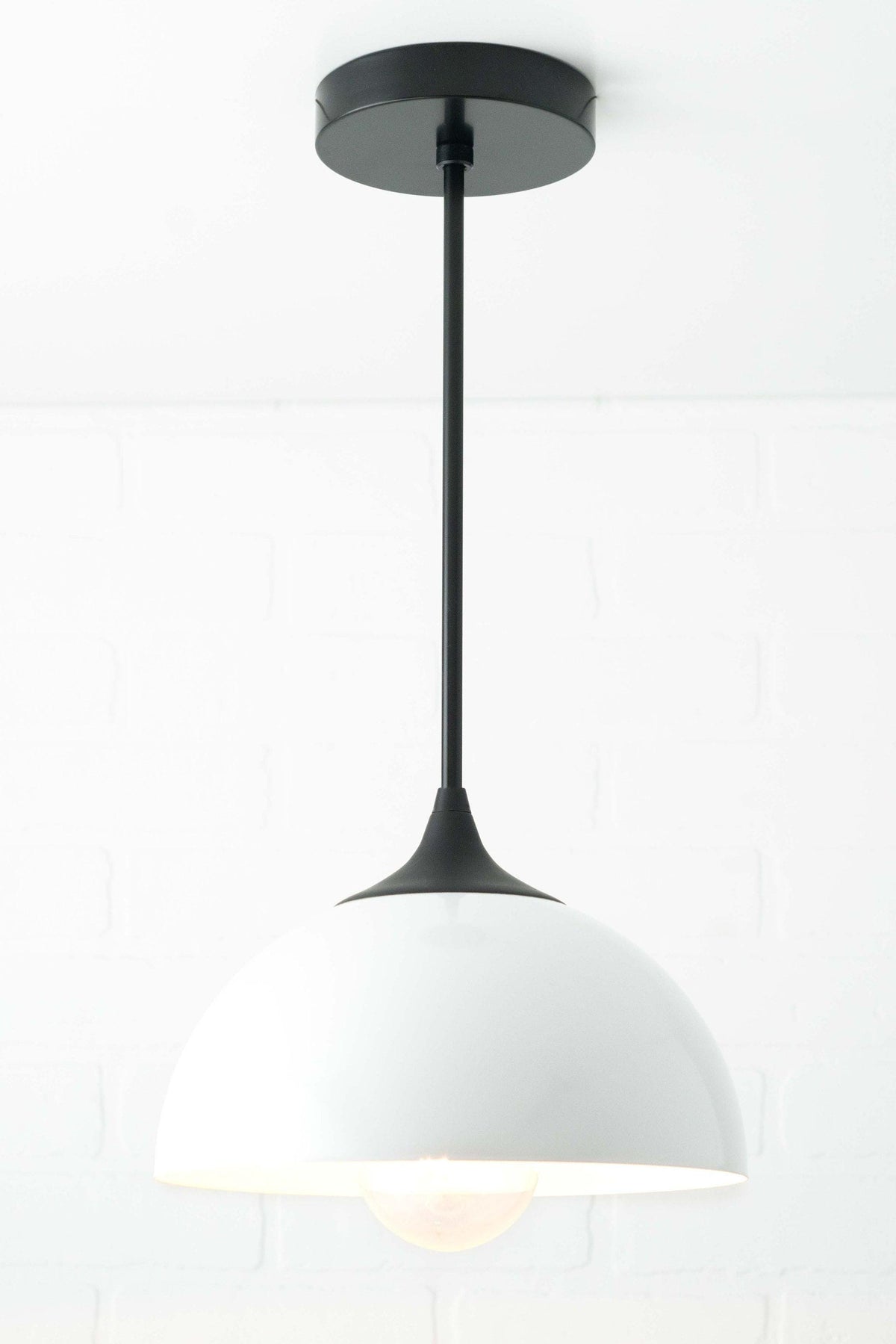 Mid-century modern pendant light with black metal rod and white dome shade. - PENDANT MODEL NO. 9263