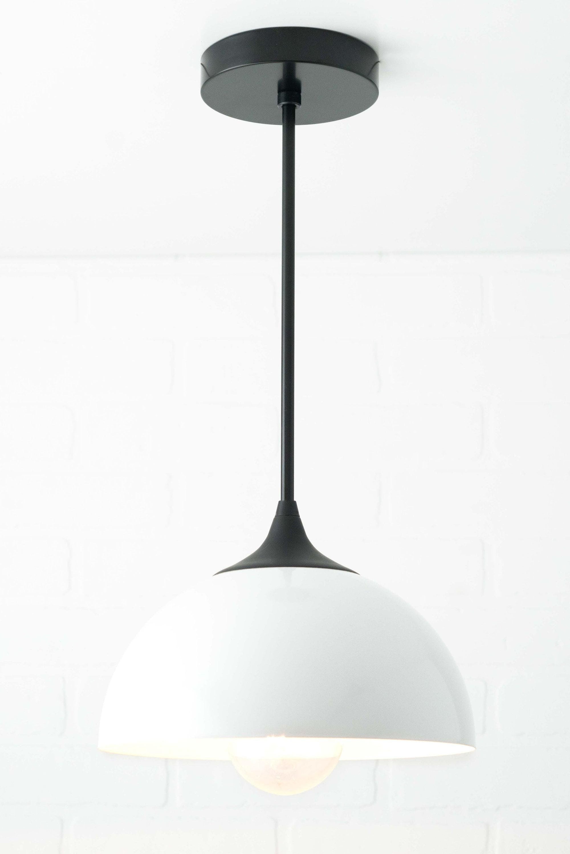 Mid-century modern pendant light with black metal rod and white dome shade. - PENDANT MODEL NO. 9263