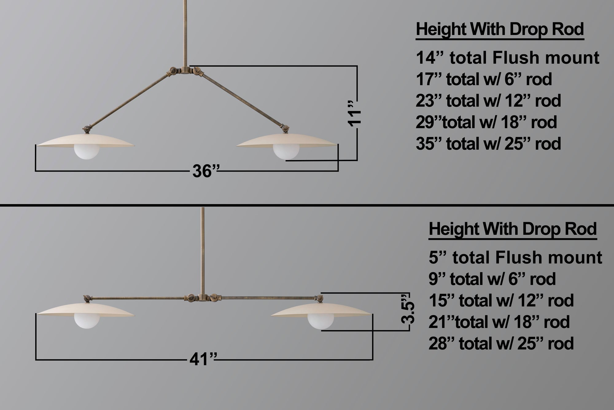 Two modern chandeliers with minimalist metal rods and flat, disc-shaped white glass globes, shown with dimensions and. - CHANDELIER MODEL NO. 9799