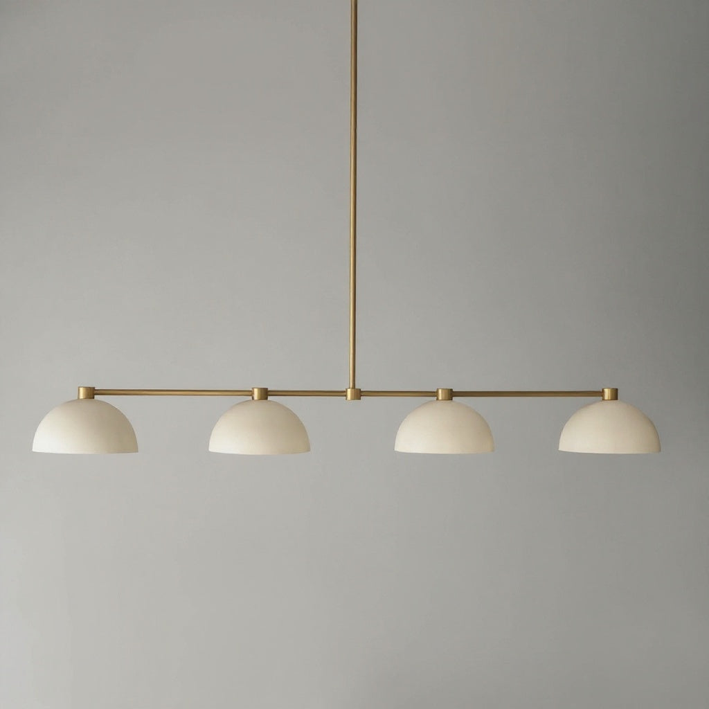 Antique brass linear chandelier with four cream dome shades suspended from a rod. - CHANDELIER MODEL NO. 4577