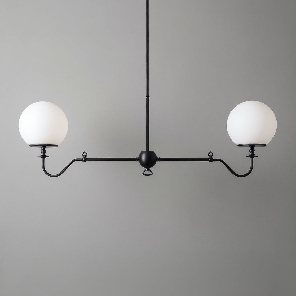 Industrial black metal chandelier with two white globe glass shades and horizontal bar design. - CHANDELIER MODEL NO. 5046