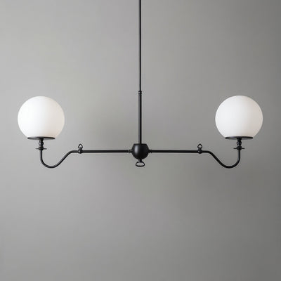 Industrial black metal chandelier with two white globe glass shades and horizontal bar design. - CHANDELIER MODEL NO. 5046
