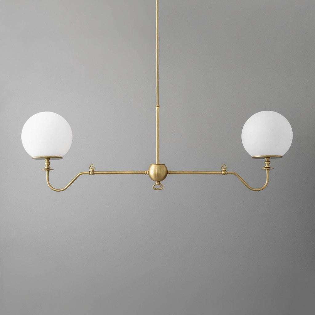 Antique brass industrial chandelier with two white globe glass shades and horizontal rod design. - CHANDELIER MODEL NO. 5046