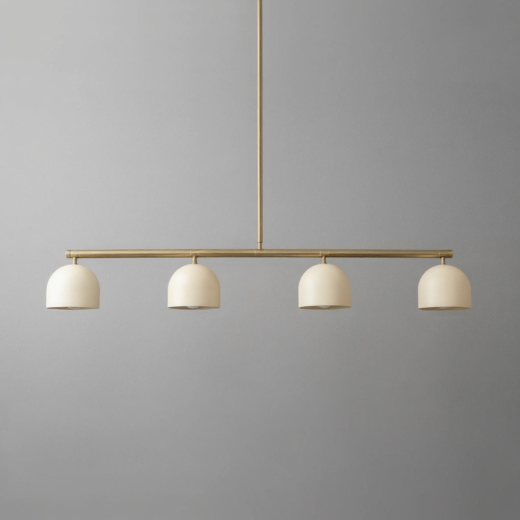 Linear chandelier with four cream-colored dome shades and antique brass finish. - CHANDELIER MODEL NO. 7998