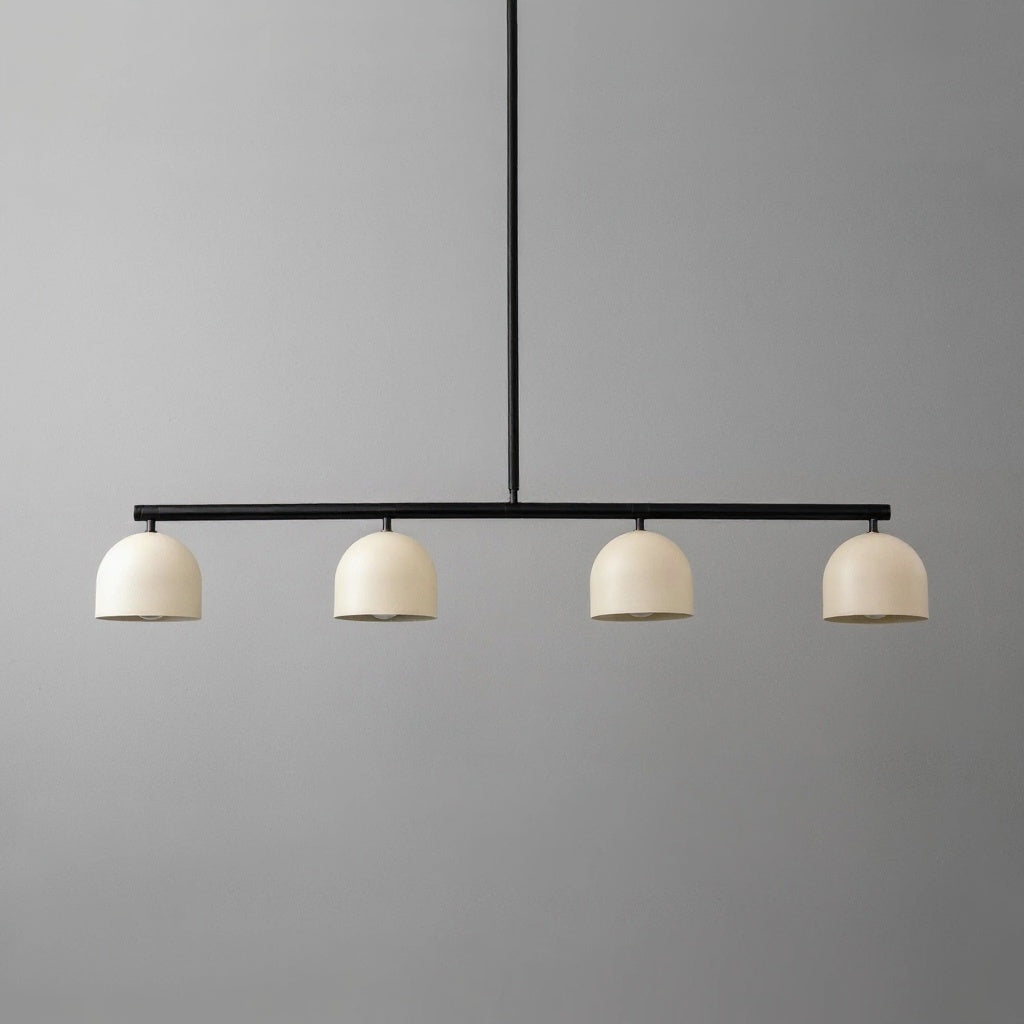 Linear chandelier with four white globe shades and a matte black metal frame suspended by a black rod. - CHANDELIER MODEL NO. 7998