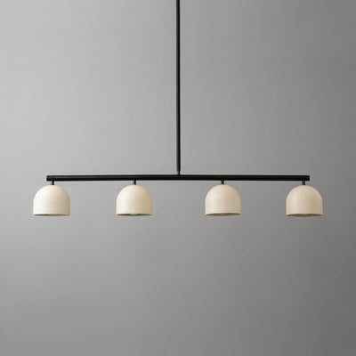 Linear chandelier with four white globe shades and a matte black metal frame suspended by a black rod. - CHANDELIER MODEL NO. 7998