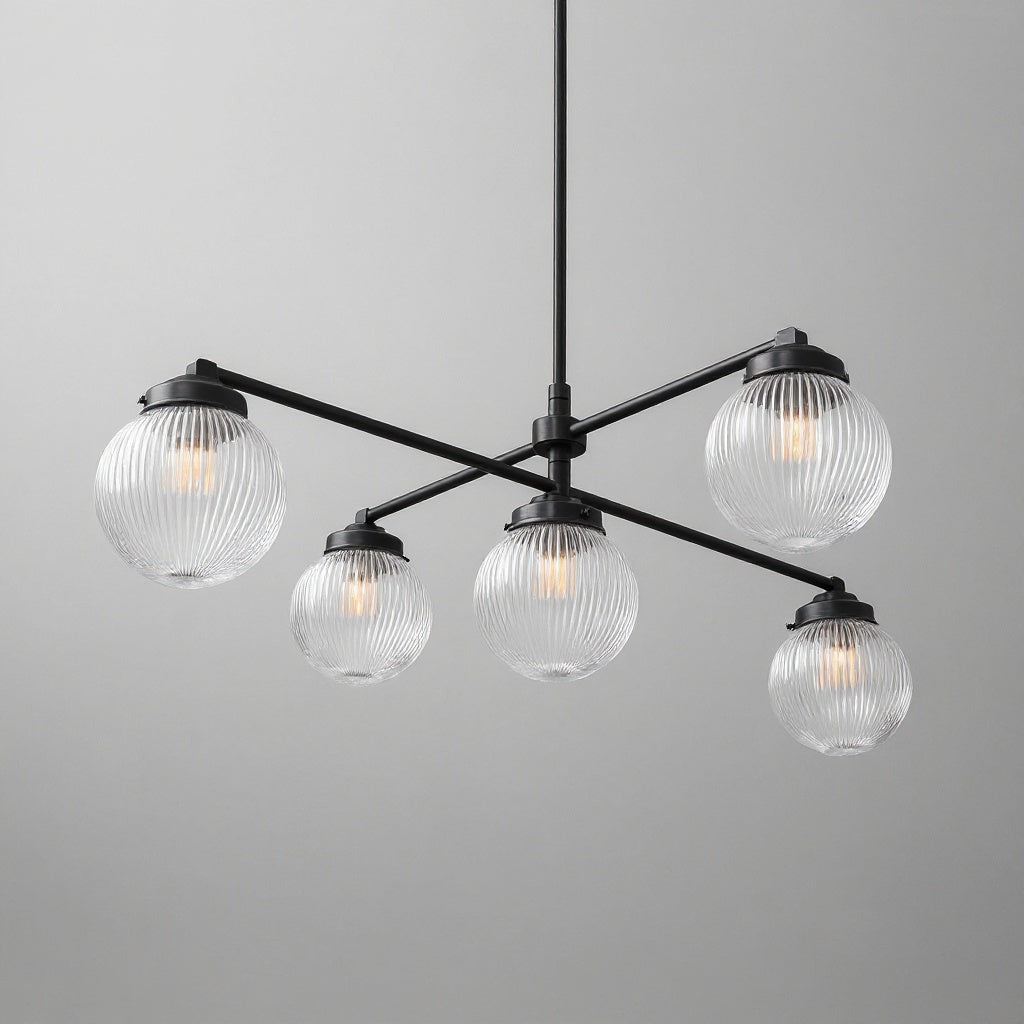 Modern black metal chandelier with four ribbed glass globe shades and adjustable swivel arms. - CHANDELIER MODEL NO. 3646