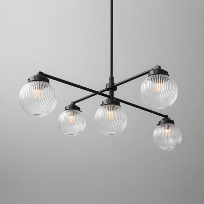 Modern black metal chandelier with four ribbed glass globe shades and adjustable swivel arms. - CHANDELIER MODEL NO. 3646