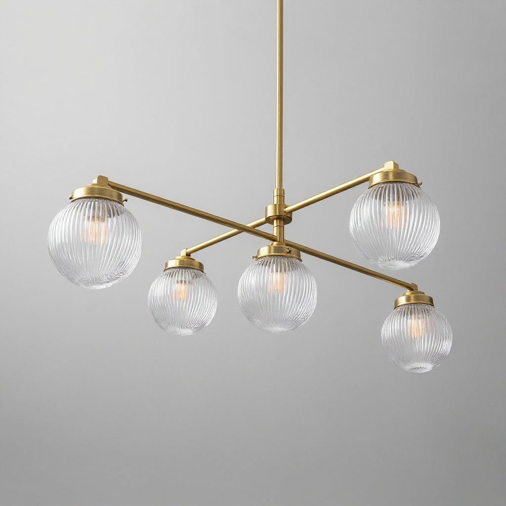 Modern Victorian chandelier with five ribbed glass globe shades and antique brass arms. - CHANDELIER MODEL NO. 3646