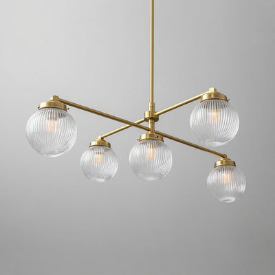 Modern Victorian chandelier with five ribbed glass globe shades and antique brass arms. - CHANDELIER MODEL NO. 3646