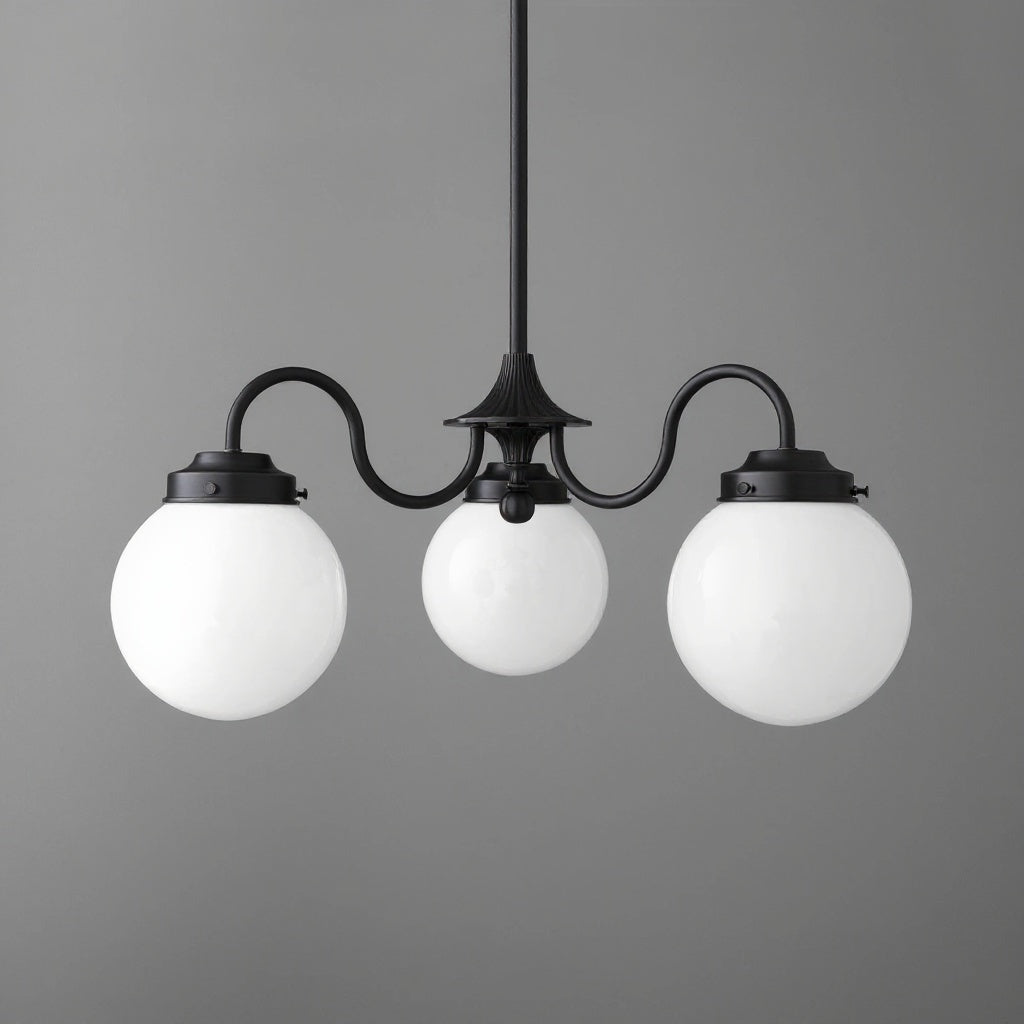 Black metal chandelier with three white glass globe shades and curved arms. - CHANDELIER MODEL NO. 5877