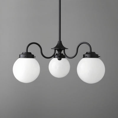 Black metal chandelier with three white glass globe shades and curved arms. - CHANDELIER MODEL NO. 5877