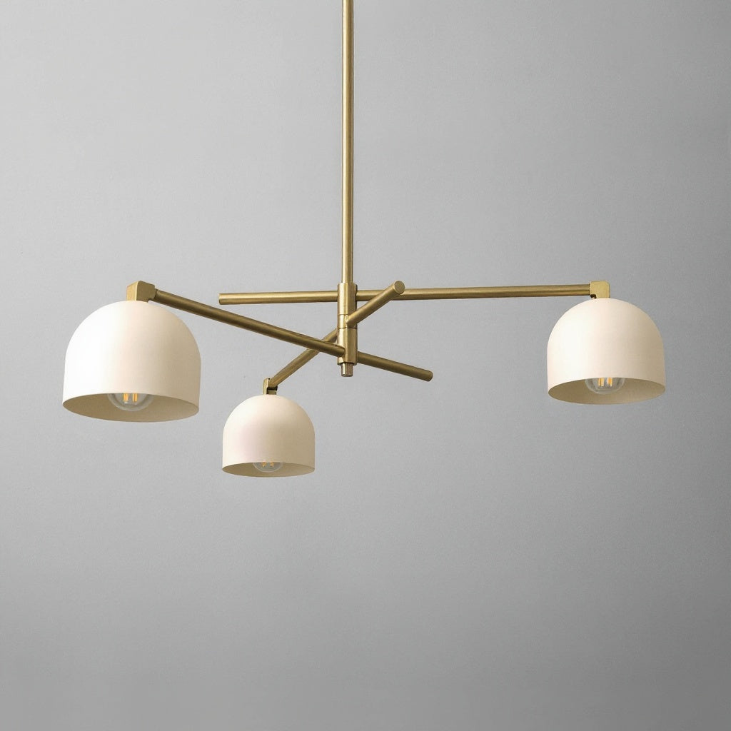Antique brass industrial chandelier with three cream swivel shades and adjustable arms. - CHANDELIER MODEL NO. 9965