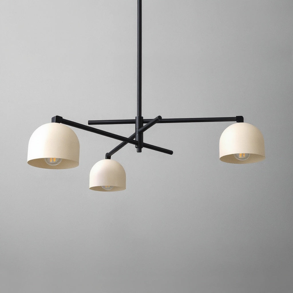 Industrial chandelier with three cream shades on black swivel arms against gray background. - CHANDELIER MODEL NO. 9965