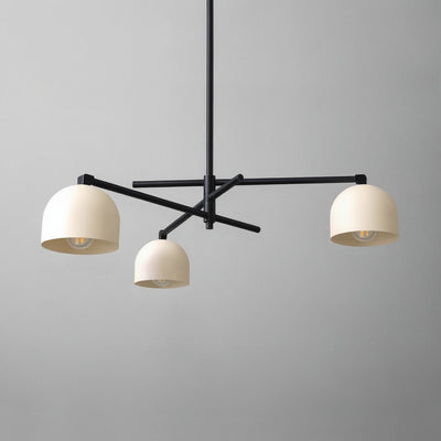 Industrial chandelier with three cream shades on black swivel arms against gray background. - CHANDELIER MODEL NO. 9965
