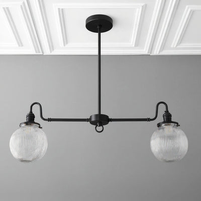 Black linear farmhouse chandelier with two ribbed globe glass shades and curved arms. - CHANDELIER MODEL NO. 7424