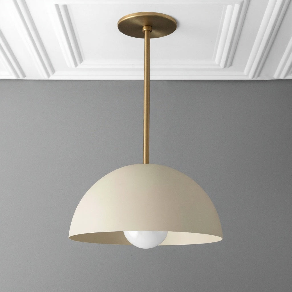 Matte white industrial pendant light with dome-shaped shade and brass rod suspension. - PENDANT MODEL NO. 6673