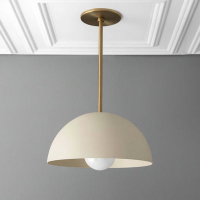 Matte white industrial pendant light with dome-shaped shade and brass rod suspension. - PENDANT MODEL NO. 6673