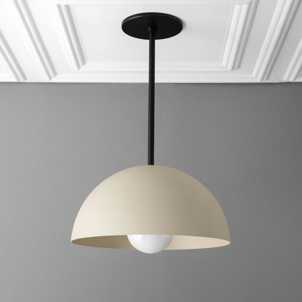 Modern industrial pendant light with matte white dome shade and black metal rod suspension. - PENDANT MODEL NO. 6673