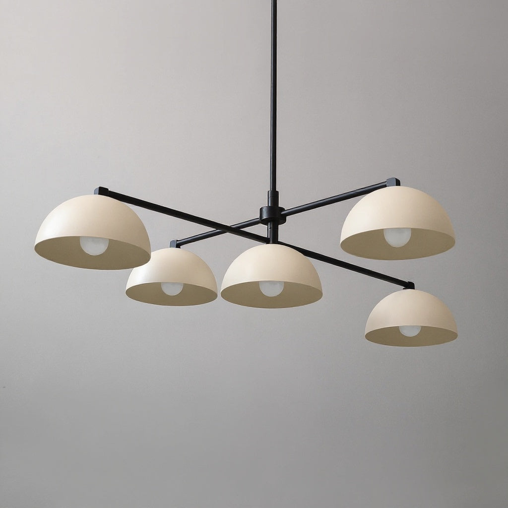 Mid-century modern chandelier with five cream dome shades and black metal arms suspended by a black rod. - CHANDELIER MODEL NO. 7041