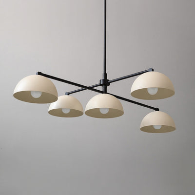 Mid-century modern chandelier with five cream dome shades and black metal arms suspended by a black rod. - CHANDELIER MODEL NO. 7041