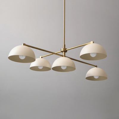 Mid-century modern chandelier with five cream dome-shaped shades and antique brass arms. - CHANDELIER MODEL NO. 7041