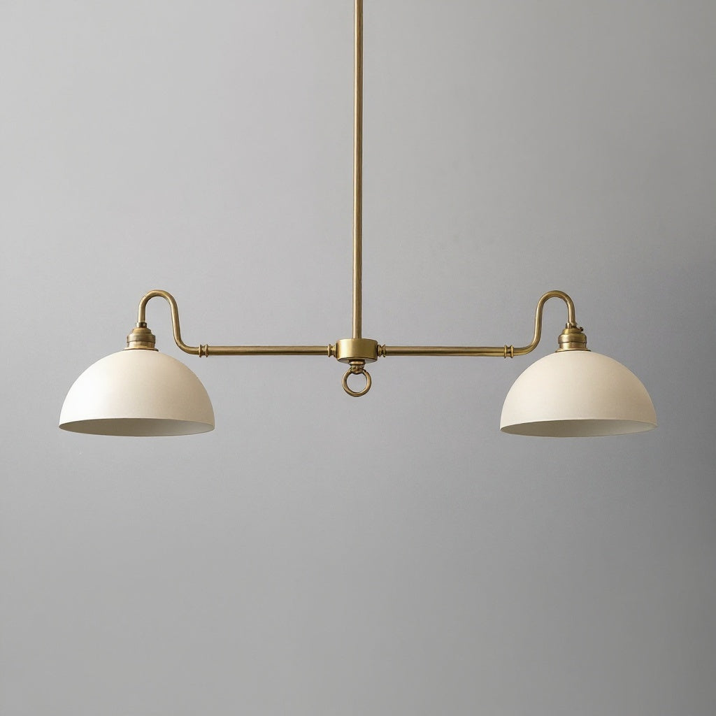 Antique brass linear chandelier with two cream dome-shaped shades suspended by a central rod. - CHANDELIER MODEL NO. 8764
