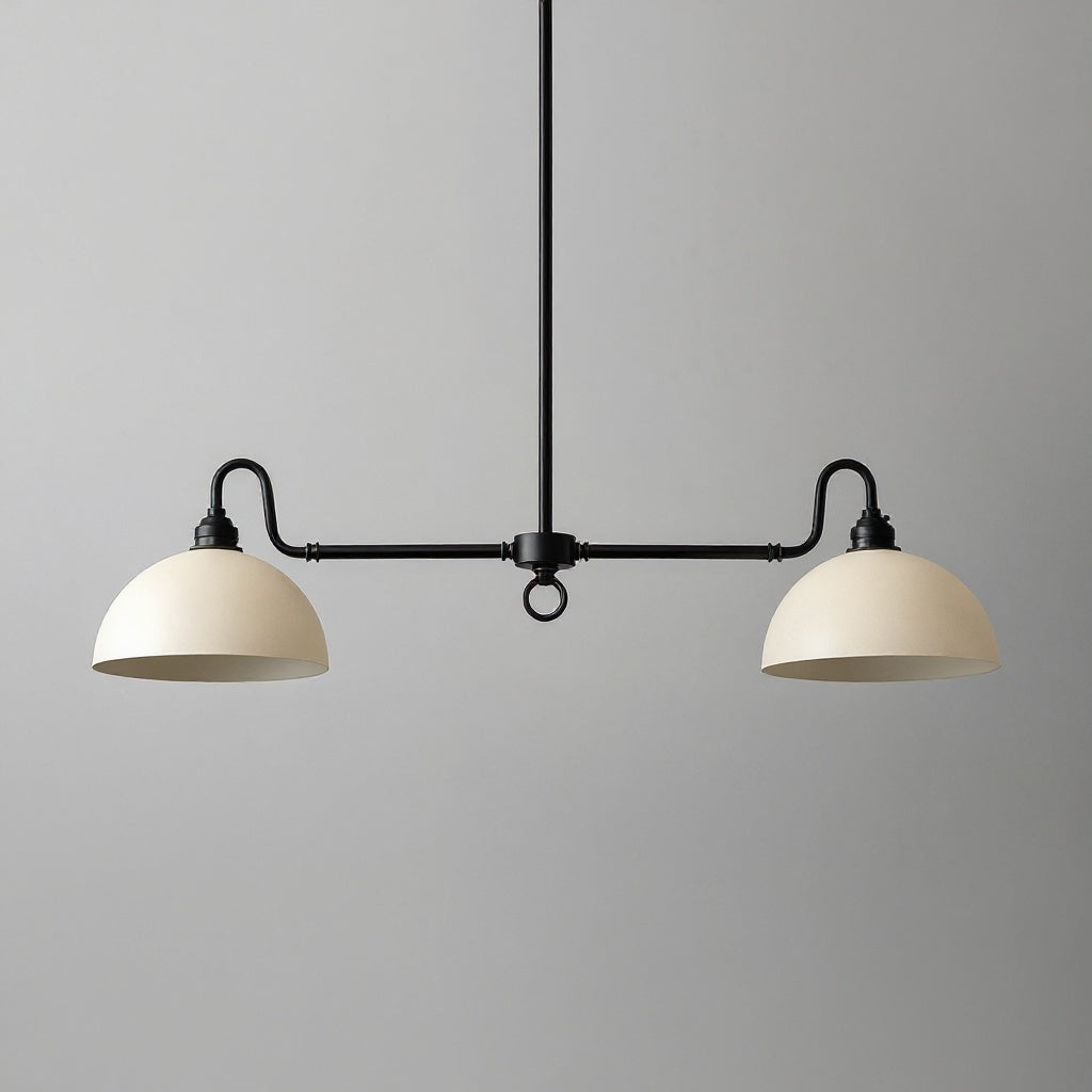 Farmhouse linear chandelier with black metal frame and two dome-shaped white shades. - CHANDELIER MODEL NO. 8764