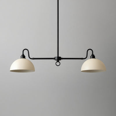 Farmhouse linear chandelier with black metal frame and two dome-shaped white shades. - CHANDELIER MODEL NO. 8764