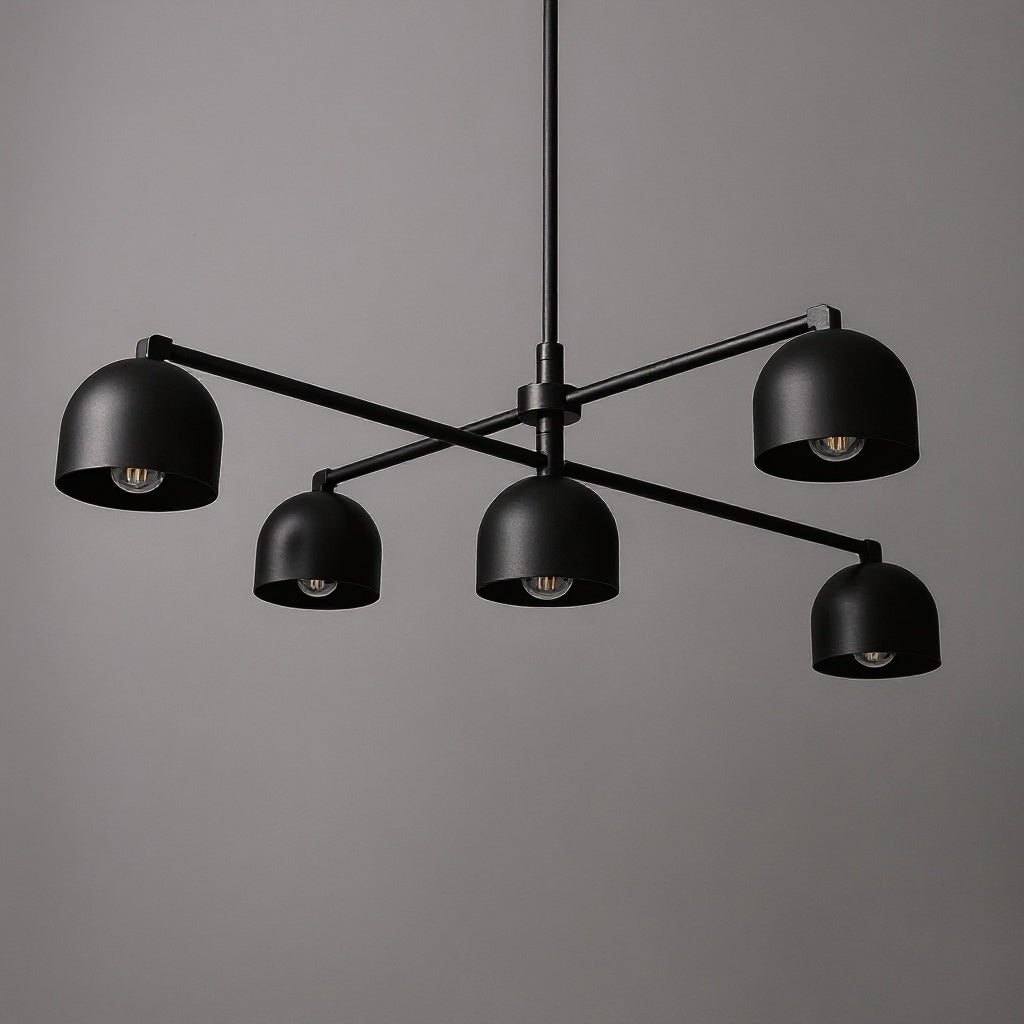 Mid-century modern black metal chandelier with four adjustable dome shades and slim rods. - CHANDELIER MODEL NO. 4267