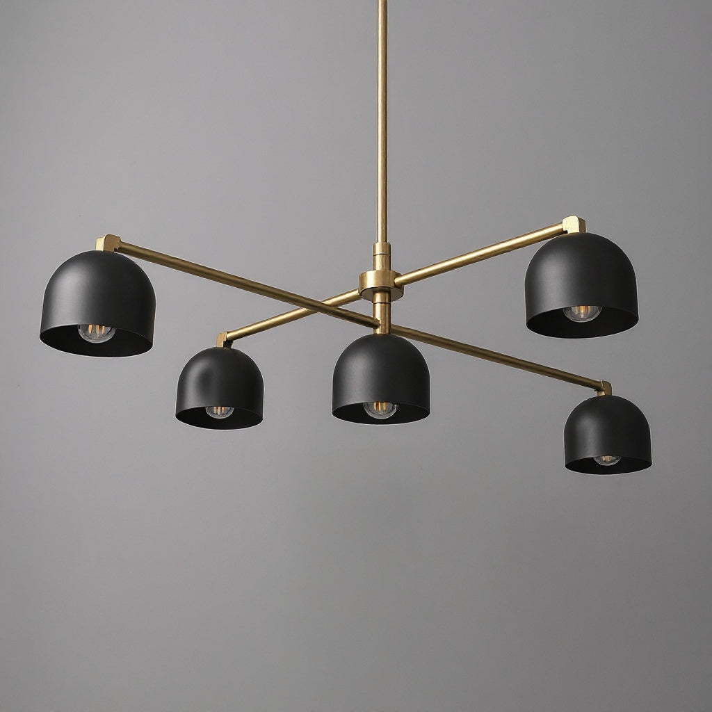 Mid-century modern chandelier with five matte black dome shades and antique brass arms. - CHANDELIER MODEL NO. 4267