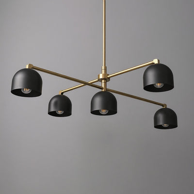 Mid-century modern chandelier with five matte black dome shades and antique brass arms. - CHANDELIER MODEL NO. 4267