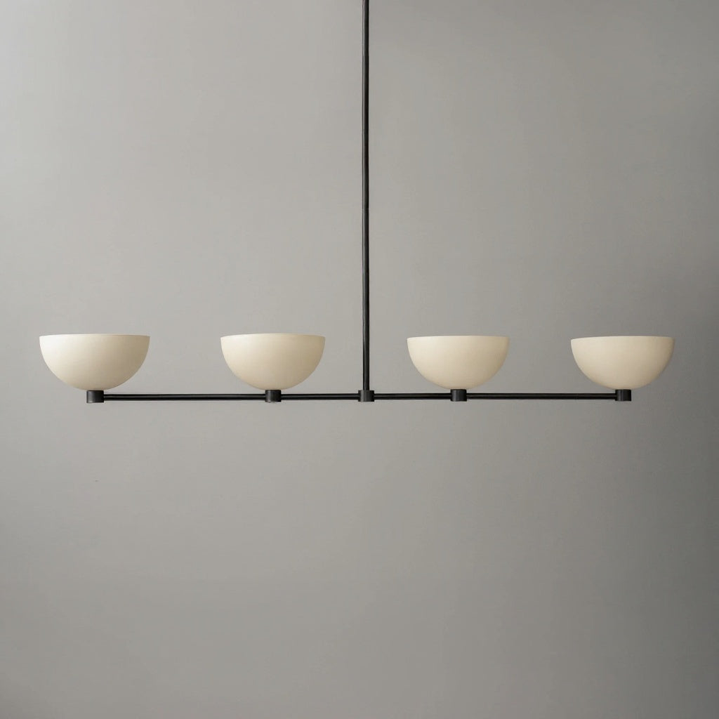Linear chandelier with four cream dome shades on a black metal frame suspended from ceiling rod. - CHANDELIER MODEL NO. 4577