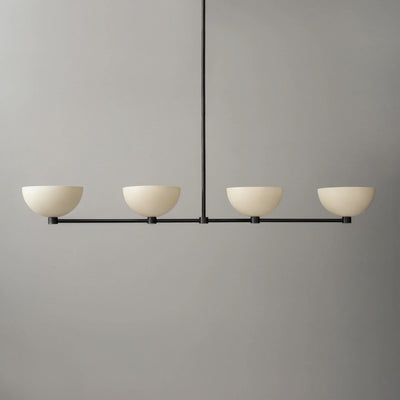 Linear chandelier with four cream dome shades on a black metal frame suspended from ceiling rod. - CHANDELIER MODEL NO. 4577