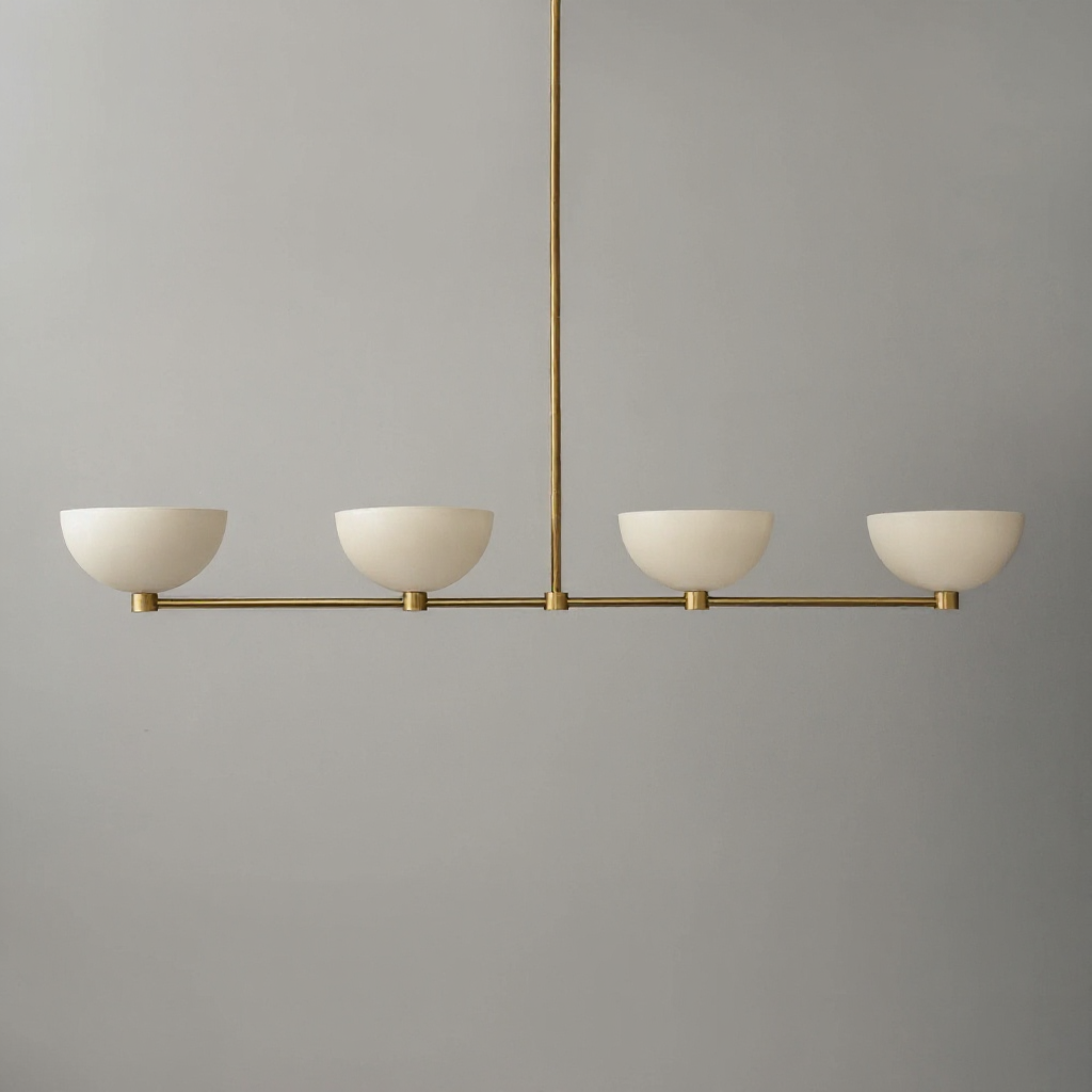 Antique brass linear chandelier with four cream dome-shaped glass shades suspended by a brass rod. - CHANDELIER MODEL NO. 4577